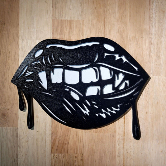 Large Wooden Gothic Vampire Lips 3D Sign Tattoo Style Wall art Hanging Plaque