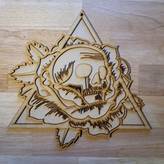 Large Wooden 3D Tattoo Style Flower Skull Sign Wall door Plaque Ready to Paint