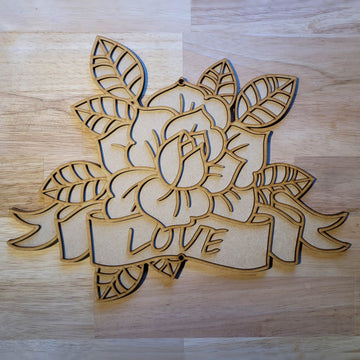 Large Wooden Tattoo Flower Rose Custom Love Sign Wall Plaque Ready to Paint