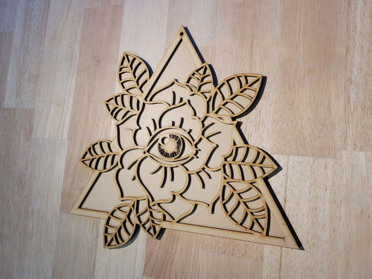 Large 3D Wooden Tattoo style rose all seeing eye Sign Wall Plaque Ready to Paint