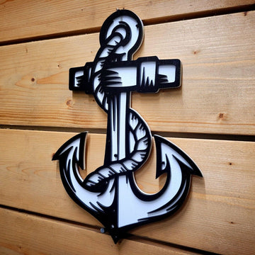 Large 3D Ship Anchor Nautical Sign - Hand Painted Black Wooden Wall Art/Door