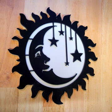 Painted Wooden 3D Sun, Moon, and Stars Wall Art Door Hanging Plaque - Large