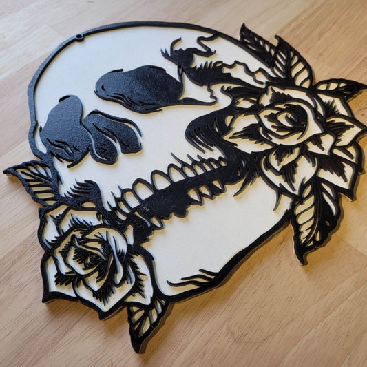 Skull Floral Rose Tattoo Style Sign Large 3D Wooden Wall Art Door Plaque Painted