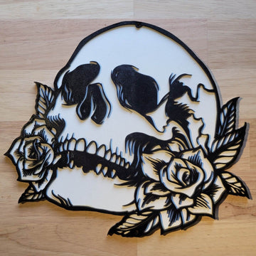 Skull Floral Rose Tattoo Style Sign Large 3D Wooden Wall Art Door Plaque Painted