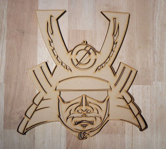 Large Wooden 3D Japanese Samurai Mask Sign Wall Art Door Hanging Plaque Japanese