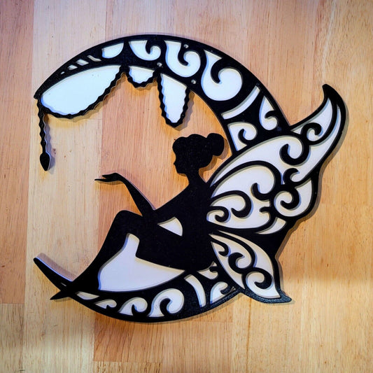 Large 3D wooden Beautiful Fairy Moon Sign Wall art Door Hanging Plaque Painted