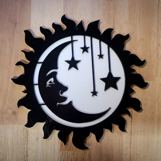 Painted Wooden 3D Sun, Moon, and Stars Wall Art Door Hanging Plaque - Large