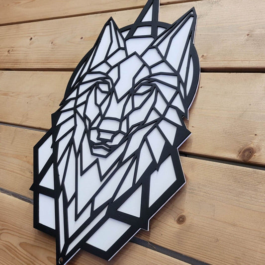 Wooden 3D Geometric Wolf Sign Wall Art Door Hanging Animal Plaque 6mm Painted