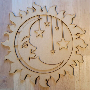 Large 3D Wooden Sun, Moon and Stars Decor Sign Wall Art Door Hanging Plaque 6 mm