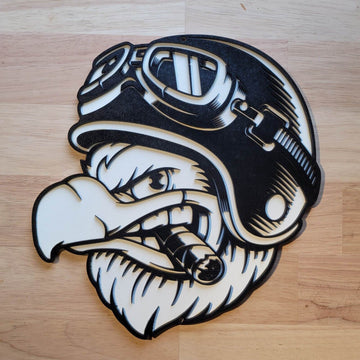 Large 3D Motorcycle Eagle Tattoo Wall Art - Painted Wood Hanging Door Plaque