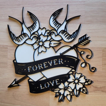 Large Wooden 3D Tattoo Style Forever Love Wall art Hanging Plaque Painted Sign