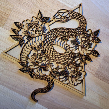 Large Wooden 3D Tattoo Style Flower Snake Sign Wall Animal Plaque Ready to Paint