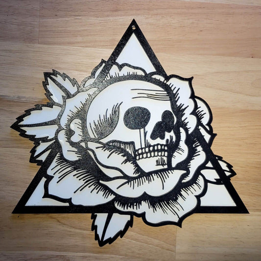 Large Wood 3D Sign Skull Tattoo Style Wall art Hanging Door Plaque Painted Sign