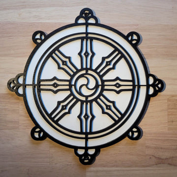 Large Wooden 3D Buddhist Wheel of Dharma Wall Art Door Hanging Plaque Painted