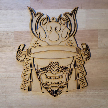 Large Wooden 3D Japanese Samurai Mask Sign Wall Door Warrior Plaque Unpainted