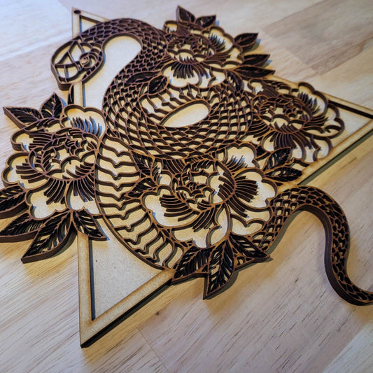 Large Wooden 3D Tattoo Style Flower Snake Sign Wall Animal Plaque Ready to Paint