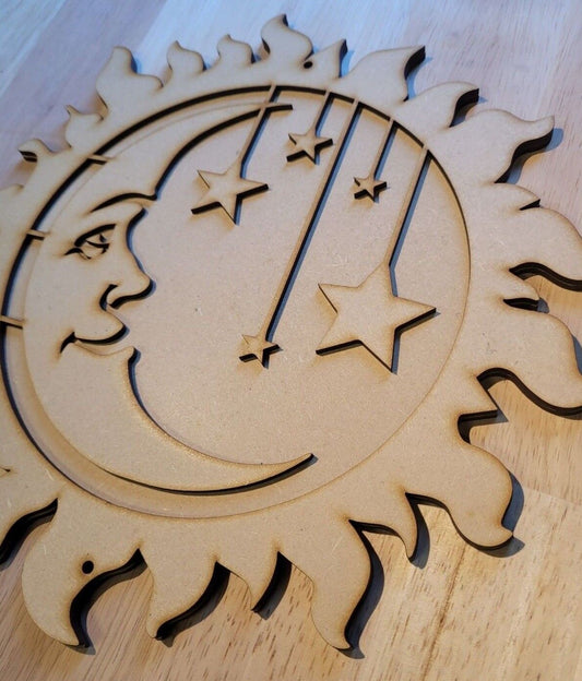 Large 3D Wooden Sun, Moon and Stars Decor Sign Wall Art Door Hanging Plaque 6 mm