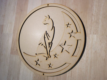 Large Wooden 3D Cat Moon Stars Sign Wall Hanging Plaque Ready to Paint Feline