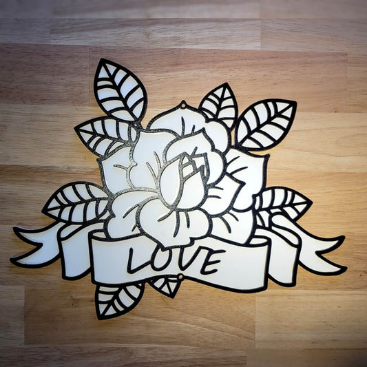 Large 3D Sign Floral Love Tattoo Style Wall art Hanging Door Plaque Painted Sign