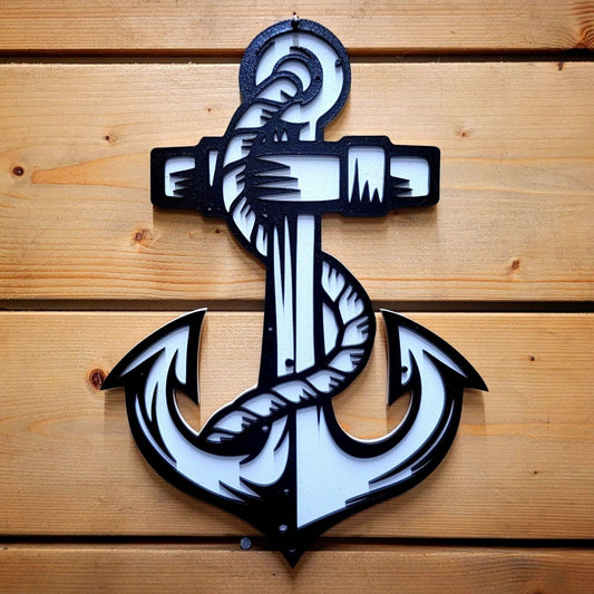 Large 3D Ship Anchor Nautical Sign - Hand Painted Black Wooden Wall Art/Door