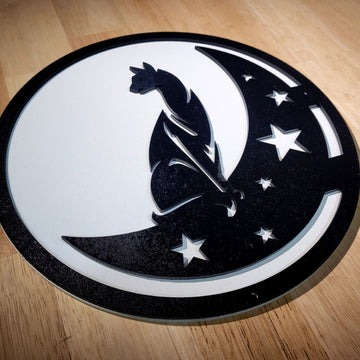 Large wooden Cat, Moon and Stars 3D Round Sign Wall art Hanging Plaque Painted