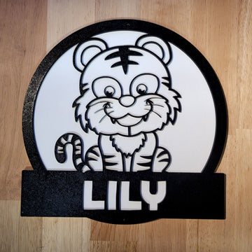 Personalised Wooden Kids Cute Tiger 3D Sign Wall art Hanging Door Plaque Painted