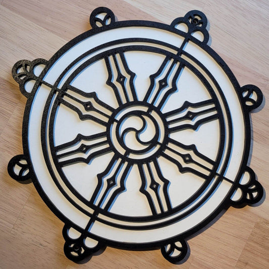 Large Wooden 3D Buddhist Wheel of Dharma Wall Art Door Hanging Plaque Painted