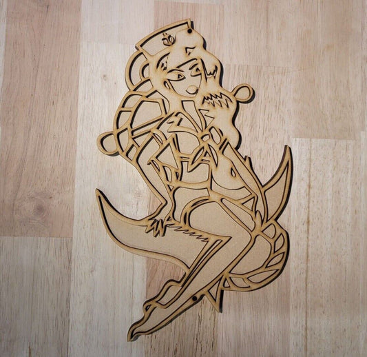 Large 3D Wooden Pin Up Girl Sailor Tattoo Sign Wall Art Hanging Plaque Unpainted